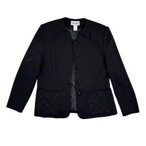 VTG Henry-Lee Blazer Womens 10 Black Quilted Beaded Pocket USA Old Money Luxury